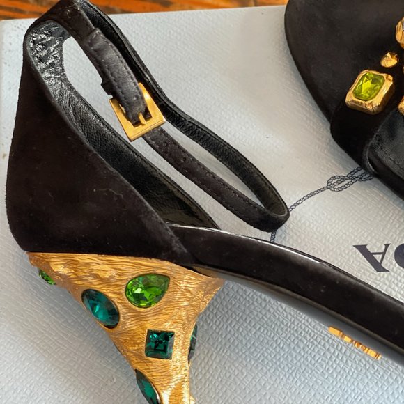 PRADA Black Suede Ankle Strap Sandals Metal Sculptural Gold Heel with Emeralds - Picture 2 of 16